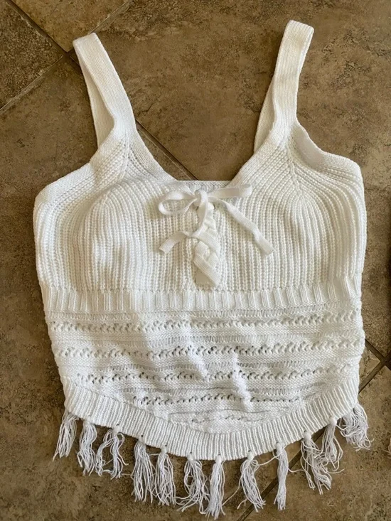 Fringe Tie Front Knit Crop Festival Party Top Red White and Beige size Small - Picture 2 of 8